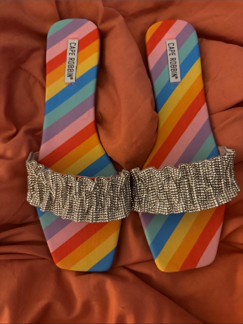 Cape Robbin Rainbow Stripe Slide Sandals with Silver Crystal Band